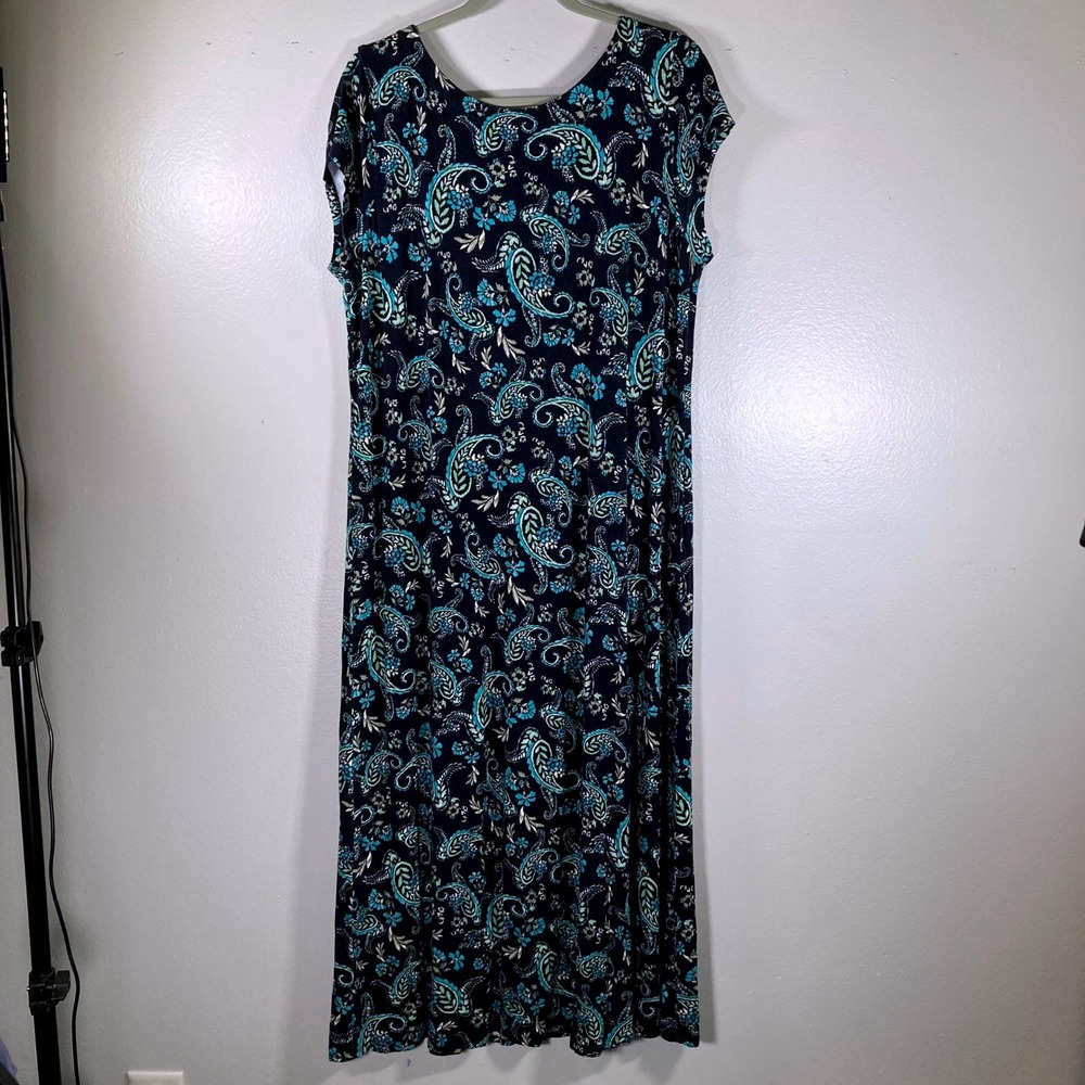 J. Jill Paisley Floral Maxi Dress Navy Teal Petite Large Short Sleeve Knit